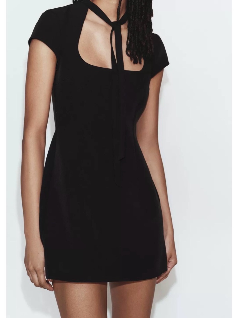 Zara Black Tie-Neck Cap Sleeve Mini Dress
